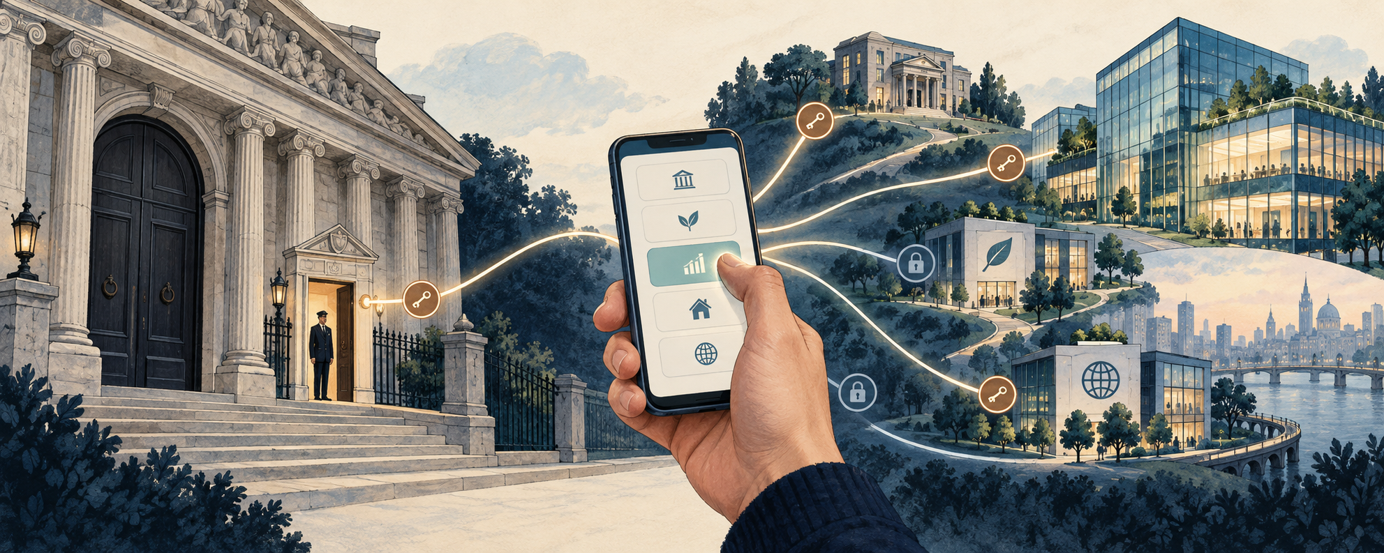 Editorial illustration of a customer comparing financial providers through a phone, with a traditional bank and digital providers connected by pathways.