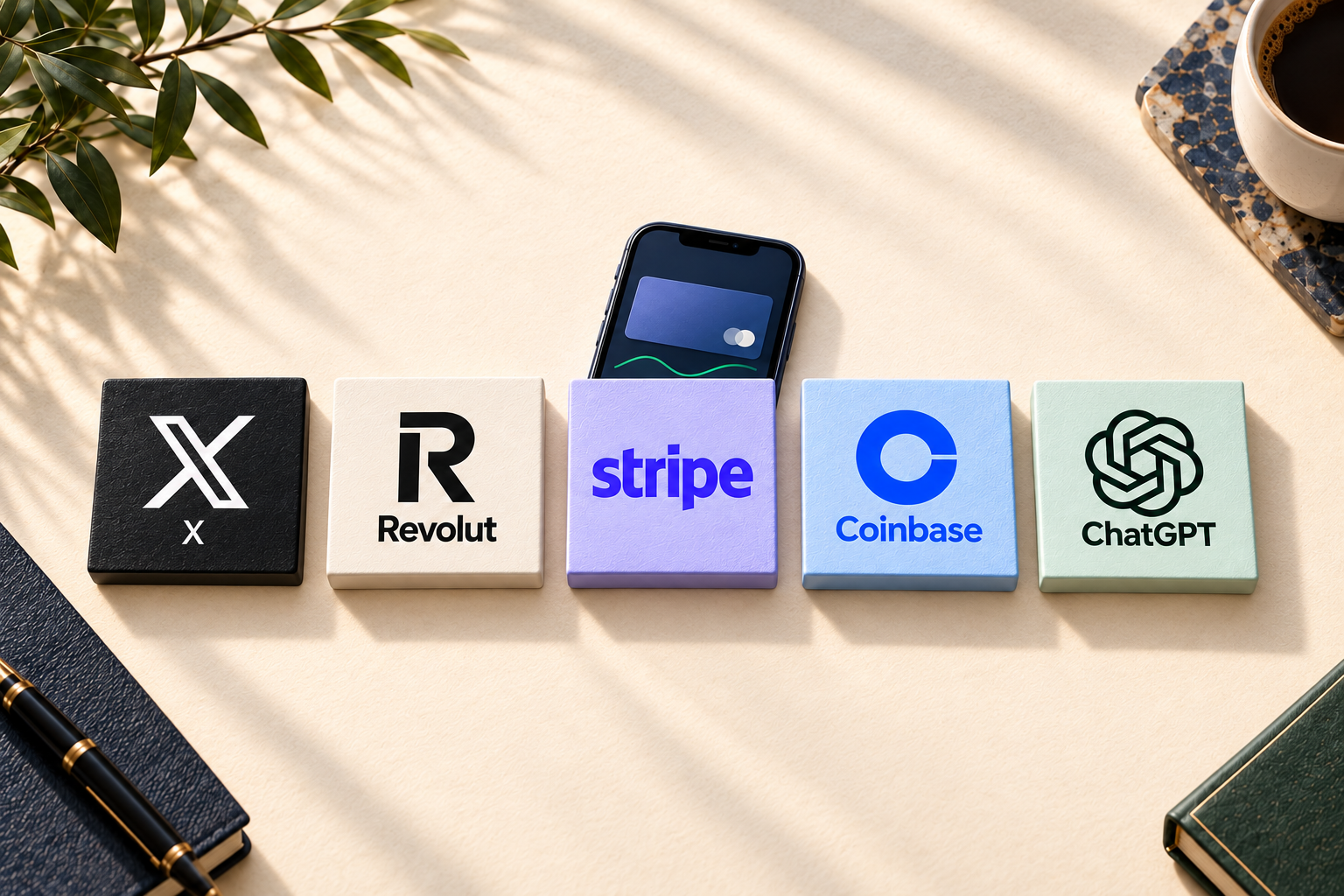 X, Revolut, Stripe, Coinbase and ChatGPT logo tiles in one row beside a phone, illustrating the U.S. super-app race. AI-rendered brand marks.